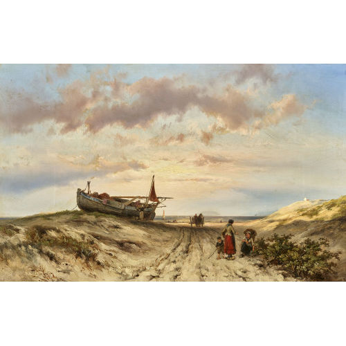 JOHANNES HERMANN BAREND KOEKKOEK : Strand mit Fischerboot und Staffage (DOBIASCHOFSKY AUKTIONEN AG)