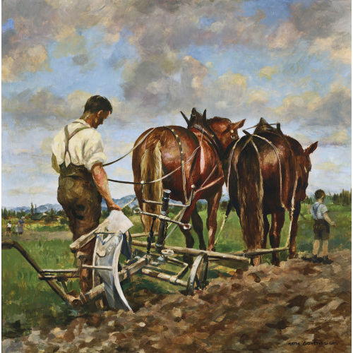 HANS GARTMEIER : Bauer mit Pflug und Sohn auf dem Feld (DOBIASCHOFSKY AUKTIONEN AG)