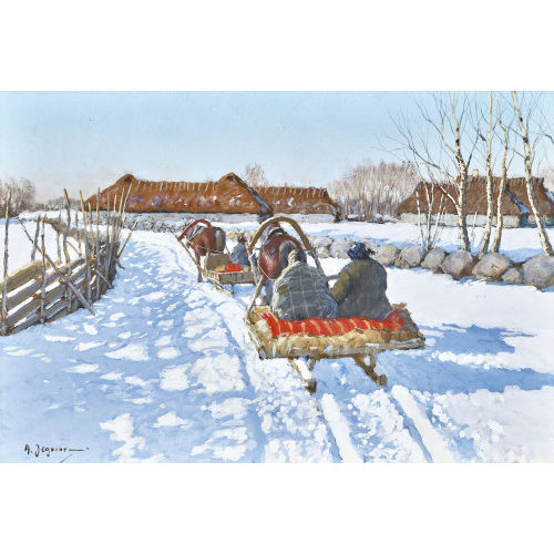 ANDREJ A. (AUCH JEGOROV) JEGOROFF : Sonnige Winterlandschaft mit Pferdeschlitten (DOBIASCHOFSKY AUKTIONEN AG)