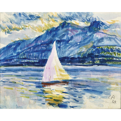 CUNO AMIET : Segelboot auf dem Brienzersee mit B�ttenalpburg und Schonegg (DOBIASCHOFSKY AUKTIONEN AG)