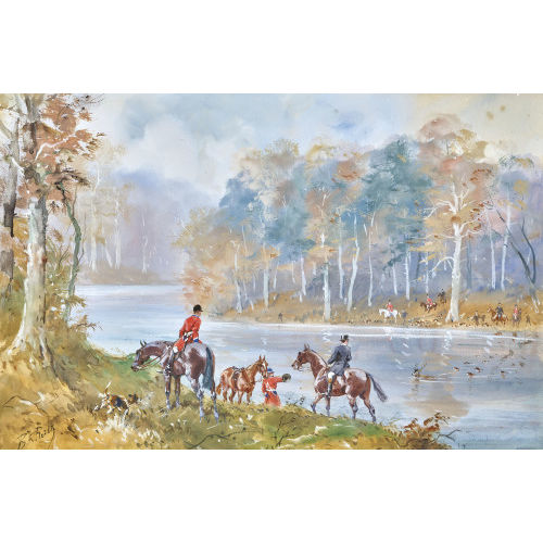 BARON KARL REILLE : Hirschtreibjagd am Fluss (DOBIASCHOFSKY AUKTIONEN AG)