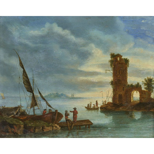 19. JH. HOLLAND : Hafenszene mit Turmruine (DOBIASCHOFSKY AUKTIONEN AG)