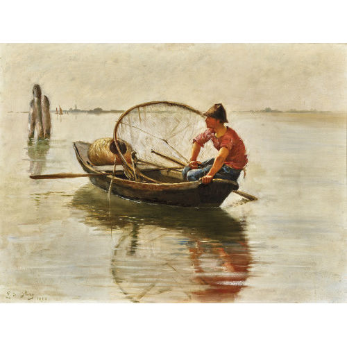 BARON EDMOND JEAN DE PURY : Junger Fischer im Boot in der Lagune von Venedig (DOBIASCHOFSKY AUKTIONEN AG)