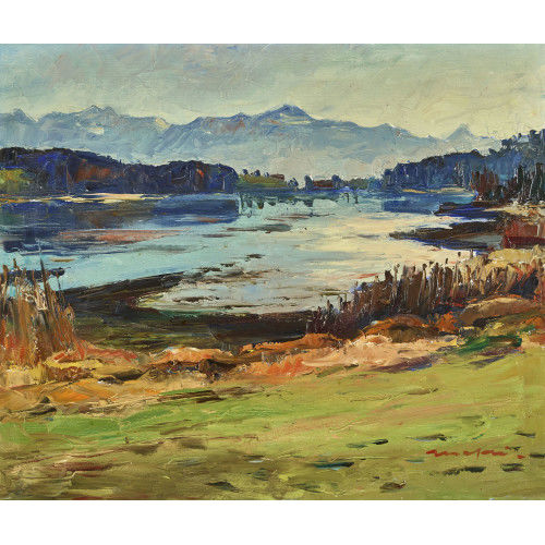 WALTER MAFLI : Herbstliche Seelandschaft mit Bergpanorama (DOBIASCHOFSKY AUKTIONEN AG)