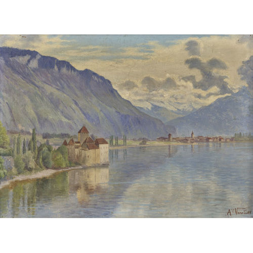 ALEXIS VAUTIER : Ansicht des Genfersees mit Schloss Chillon (DOBIASCHOFSKY AUKTIONEN AG)