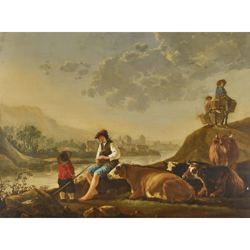 AELBERT CUYP : Flussuferpartie mit Hirten, Vieh und Bauern (DOBIASCHOFSKY AUKTIONEN AG)