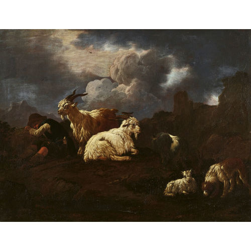 PHILIPP PETER) ROSA DA TIVOLI (EIGTL. ROOS : Schlafender Hirte mit Ziegen und Hund (DOBIASCHOFSKY AUKTIONEN AG)