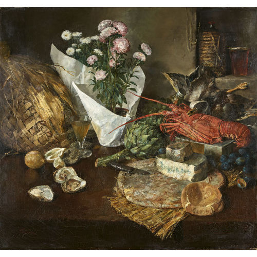 FRAN�OIS ADOLPHE GRISON : Tischstillleben mit Austern, Schimmelk�se, Languste Artischocken, Federvieh und Chrysanthemen (DOBIASCHOFSKY AUKTIONEN AG)