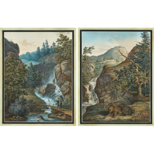 JOHANN JOSEPH HARTMANN : Paar Ansichten mit Wasserf�llen und B�r bzw. Br�cke und Bauern (DOBIASCHOFSKY AUKTIONEN AG)