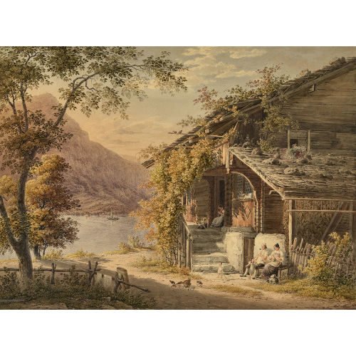 JOHANN JAKOB MEYER : Husliche Idylle vor Berg- und Seelandschaft (DOBIASCHOFSKY AUKTIONEN AG)