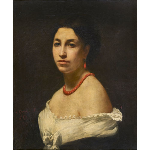 EUG�NE FERDINAND VICTOR DELACROIX : Bildnis einer Dame mit roter Halskette (George Sand) (DOBIASCHOFSKY AUKTIONEN AG)