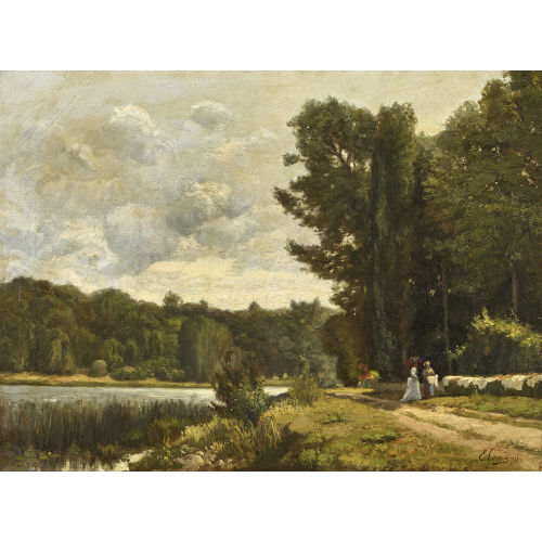 ERNEST VICTOR HAREUX : Sommerliches Flussufer mit Dame und W�scherin (DOBIASCHOFSKY AUKTIONEN AG)