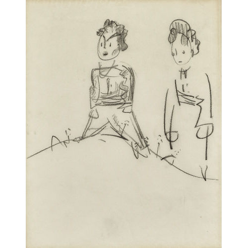 ANTOINE DE SAINT-EXUPRY : 'Deux personnages enfantins les bras le long du corps sur un parterre fleuri' (DOBIASCHOFSKY AUKTIONEN AG)
