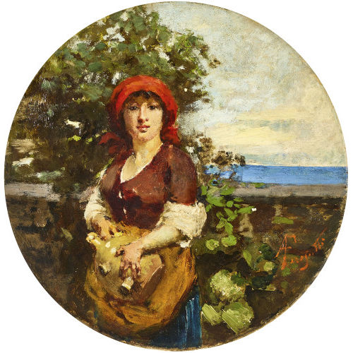 ADOLFO FERAGUTTI VISCONTI : B�uerin mit Gef�ss am Strand (DOBIASCHOFSKY AUKTIONEN AG)