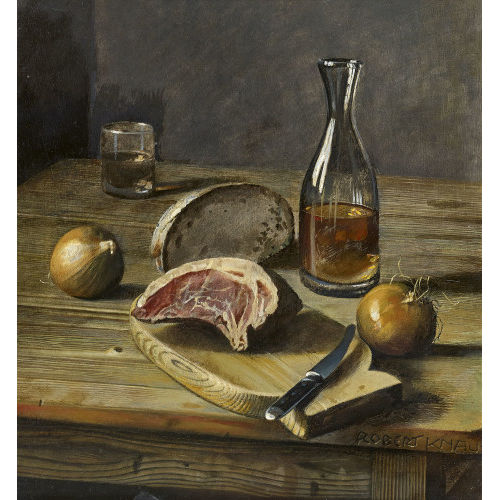 ROBERT KNAUS : Stillleben mit Schinken, Zwiebeln, Brot und Weinglas (DOBIASCHOFSKY AUKTIONEN AG)