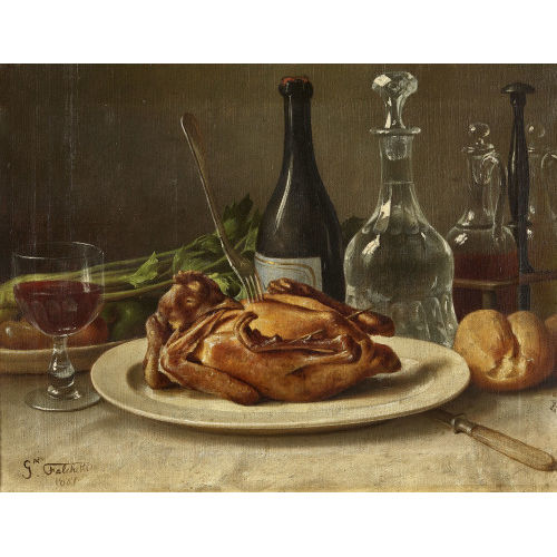 GIUSEPPE FALCHETTI : Stillleben mit Gefl�gelbraten, Semmel und Wein (DOBIASCHOFSKY AUKTIONEN AG)