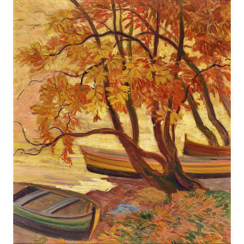 KARL THEODOR HUBER : Herbstliches Ufer mit Booten (DOBIASCHOFSKY AUKTIONEN AG)