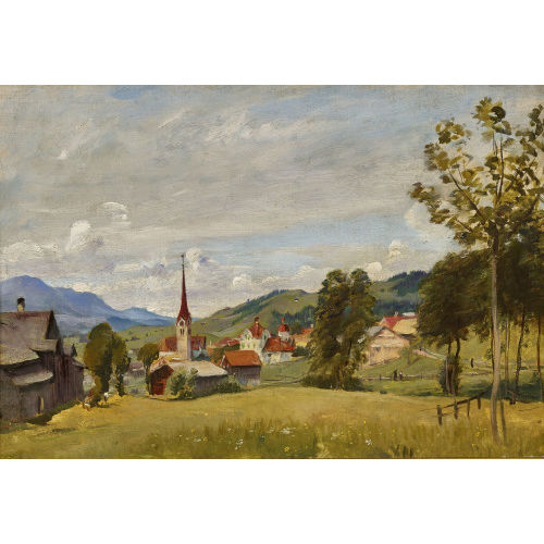 AUGUSTE FR�D�RIC DUFAUX : H�gelige Sommerlandschaft mit einem Dorf (DOBIASCHOFSKY AUKTIONEN AG)