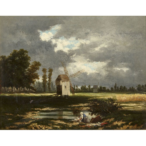 EUG�NE STANISLAS THIERR�E : Landschaft mit Windm�hle und W�scherin (DOBIASCHOFSKY AUKTIONEN AG)