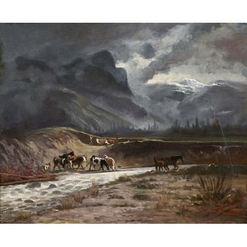 CHARLES JEAN FERDINAND HUMBERT : Berglandschaft mit Khen und Pferden bei aufziehendem Gewitter (DOBIASCHOFSKY AUKTIONEN AG)
