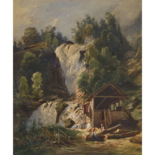 KARL T�CHE : Reichenbachfall mit M�hle und B�uerinnen (DOBIASCHOFSKY AUKTIONEN AG)