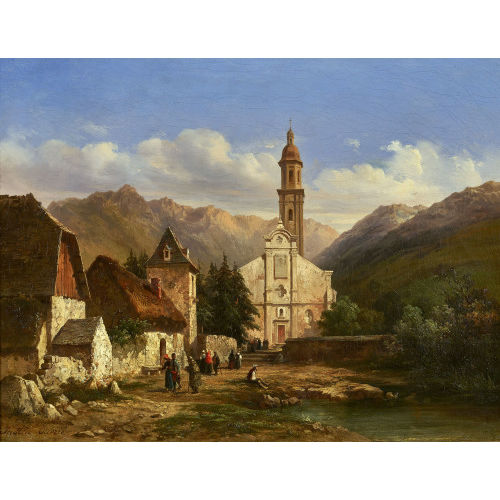 PIERRE JUSTIN OUVRI� : Bergdorf mit Kirche (DOBIASCHOFSKY AUKTIONEN AG)