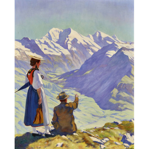 KARL ANNELER : Frau in Freudenberger Tracht und Mann vor dem Balmhorn (DOBIASCHOFSKY AUKTIONEN AG)