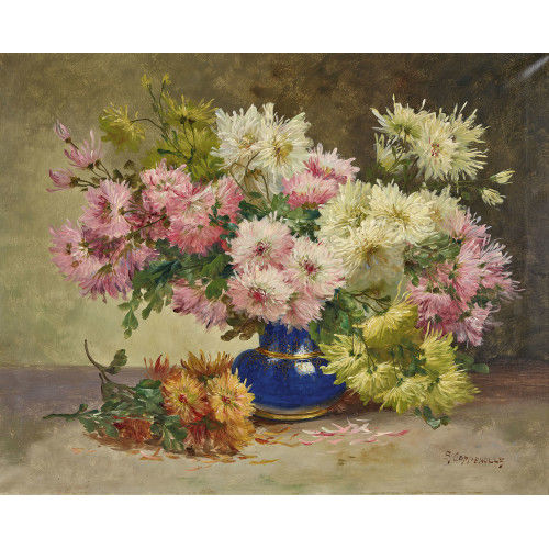 EDMOND VAN COPPENOLLE : Chrysanthemen in blauer Vase (DOBIASCHOFSKY AUKTIONEN AG)