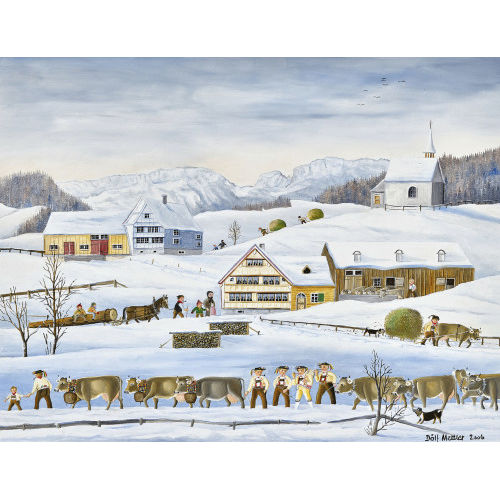 D�LF METTLER : Appenzeller Winterlandschaft mit Bauern bei der Arbeit (DOBIASCHOFSKY AUKTIONEN AG)