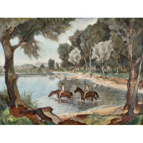 PAUL TH�OPHILE ROBERT : Zwei Reiter am sommerlichen Ufer (DOBIASCHOFSKY AUKTIONEN AG)