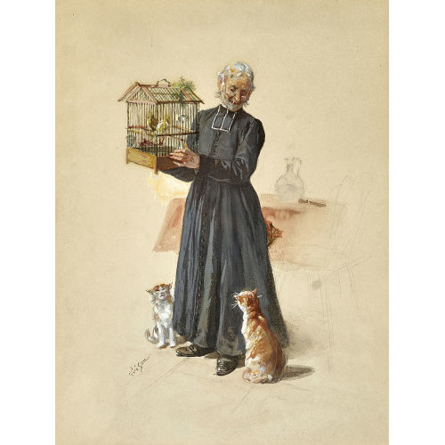 FRANOIS ADOLPHE GRISON : Geistlicher mit Vogelkfig und Katzen (DOBIASCHOFSKY AUKTIONEN AG)