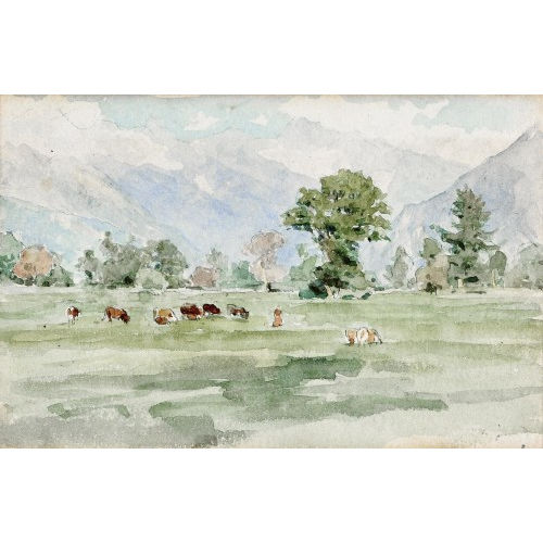 ALBERT ANKER : Sommerliche Landschaft mit weidenden Khen (DOBIASCHOFSKY AUKTIONEN AG)