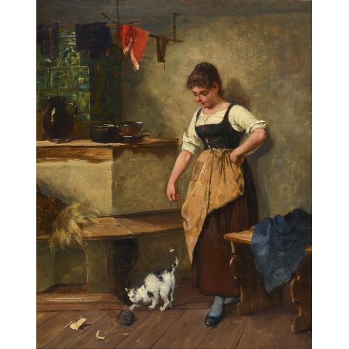 WILHELM KOBAN : B�uerliches Interieur mit junger Frau und spielender Katze (DOBIASCHOFSKY AUKTIONEN AG)