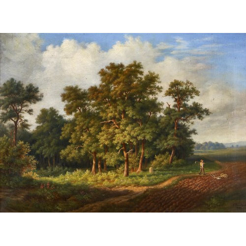 LUDWIG AUGUST BURCKHARDT : Bauer mit Hacke und Pflug auf einem Feld am Waldrand (DOBIASCHOFSKY AUKTIONEN AG)