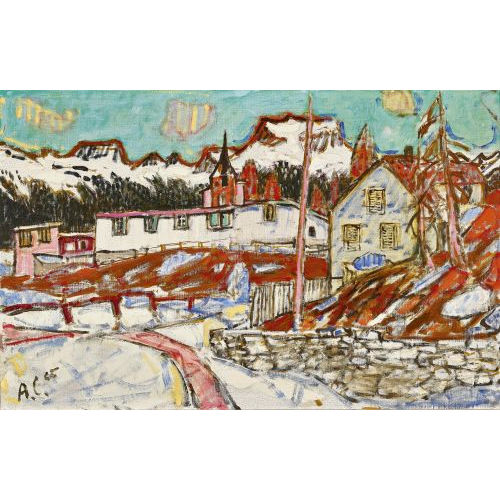 ALOIS CARIGIET : Engadiner Bergdorf mit Blick auf den Piz de la Margna (DOBIASCHOFSKY AUKTIONEN AG)