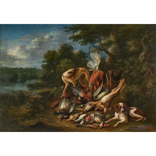 ADRIAEN DE GRIJEF : Zwei Jagdhunde mit Federvieh und Hase in der Landschaft (DOBIASCHOFSKY AUKTIONEN AG)