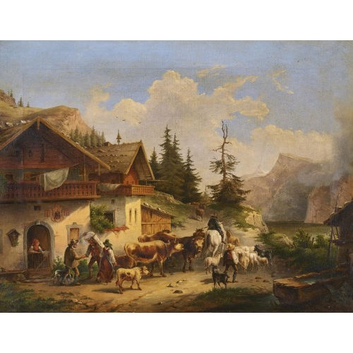 19. JH. SCHWEIZ : Bergseelandschaft mit Bauern (DOBIASCHOFSKY AUKTIONEN AG)