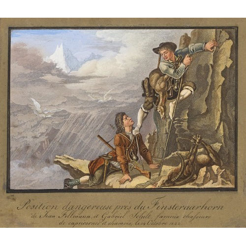 HIERONYMUS HESS : 'Position dangereuse pr�s du Finsteraarhorn de Jean Fellmann et Gabriel Schilt, fameux chasseurs de capricornes et chamois, le 14 Octobre 1822' (DOBIASCHOFSKY AUKTIONEN AG)