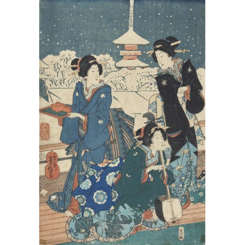 19./20. JH. JAPAN : Drei Damen auf einem Balkon im Winter (DOBIASCHOFSKY AUKTIONEN AG)