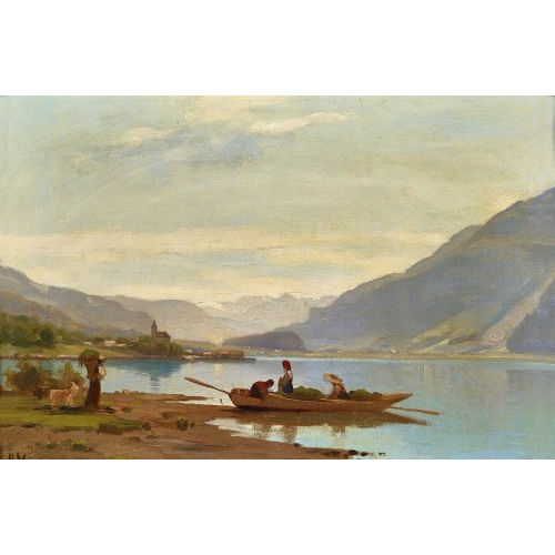 AUGUSTE LOUIS VEILLON : Seelandschaft mit Ruderboot und Bauern (DOBIASCHOFSKY AUKTIONEN AG)