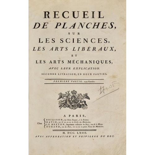DENIS DIDEROT : 'Receuil de Planches sur les Sciences, les Arts liberaux et les Arts m�chaniques avec leur explication' (DOBIASCHOFSKY AUKTIONEN AG)