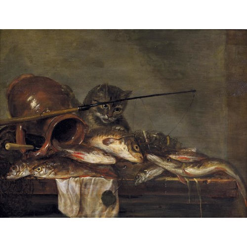 JAN DIRVEN : Stillleben mit Fischfang, Angelrute und neugieriger Katze (DOBIASCHOFSKY AUKTIONEN AG)