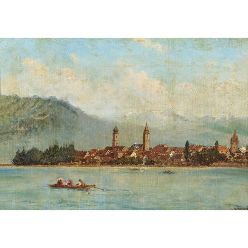 TH�ODORE ALEXANDER WEBER : Blick auf eine Stadt mit Alpen (DOBIASCHOFSKY AUKTIONEN AG)