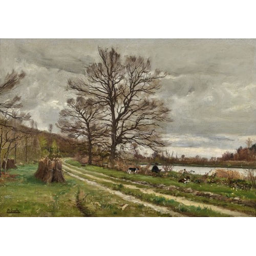 PAUL JEAN-MARIE SAIN : Flussufer mit Fischer und Hundepaar (DOBIASCHOFSKY AUKTIONEN AG)