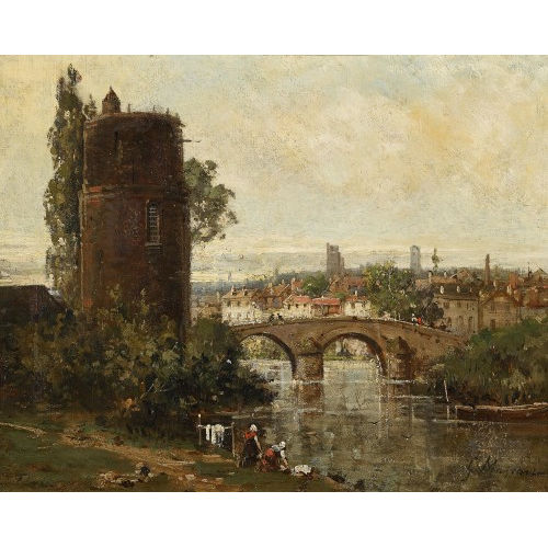 GUSTAVE MASCART : W�scherinnen am Fluss bei einer Stadtbr�cke (DOBIASCHOFSKY AUKTIONEN AG)