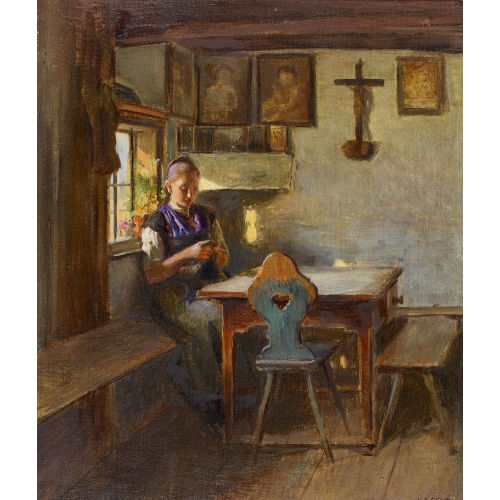 KARL FRIEDRICH GSUR : Interieur mit strickender B�uerin (DOBIASCHOFSKY AUKTIONEN AG)