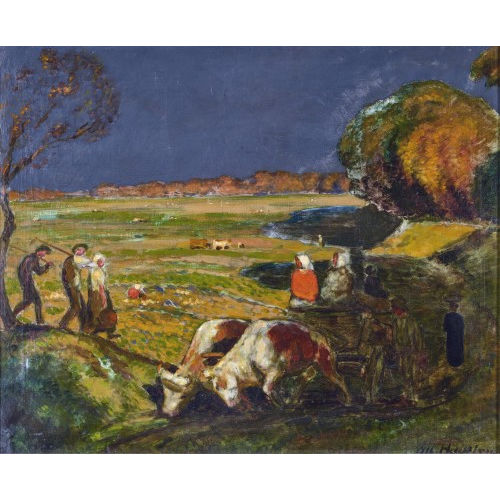 ALBERT HAUEISEN : Sommerlandschaft mit Bauern und Ochsenfuhrwerk (DOBIASCHOFSKY AUKTIONEN AG)