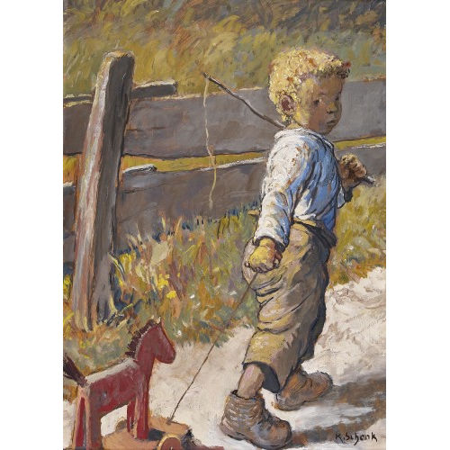 KARL SCHENK : Knabe mit Spielzeugpferd und Peitsche (DOBIASCHOFSKY AUKTIONEN AG)