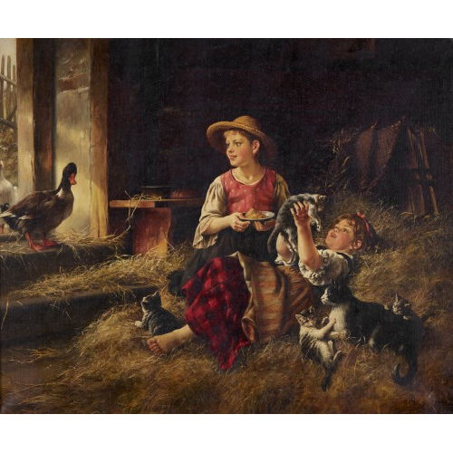 J. STEVENS : Kinder mit Katzenfamilie und Enten (DOBIASCHOFSKY AUKTIONEN AG)