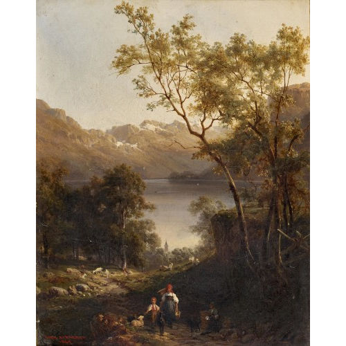 KARL GIRARDET : Bergseelandschaft mit Bauern und Vieh (DOBIASCHOFSKY AUKTIONEN AG)